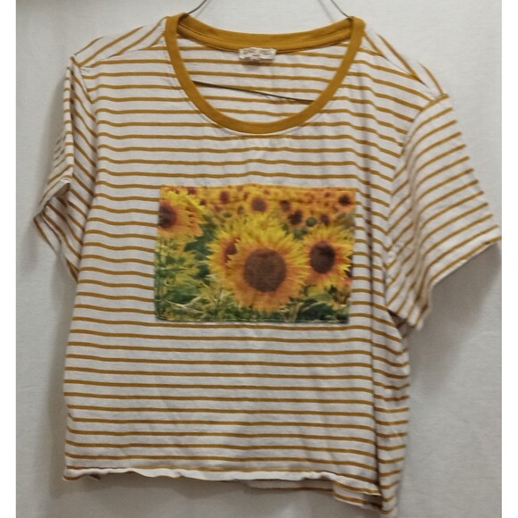 Good Vibes Only Crop T-Shirt Striped Short Sleeve Crew Neck Size XL Sunflowers - Picture 1 of 5